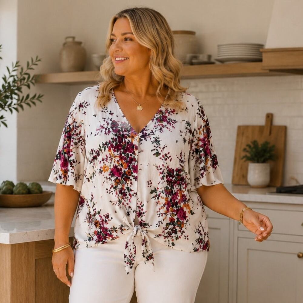 LUQ "Rhee" short-sleeve top multicolor floral pattern, a V-neckline, Size XXL